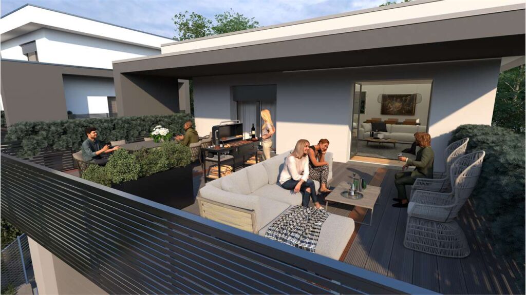 Un'immagine che ritrae appartamento, progettazione urbana, casa, balcone e condominio.